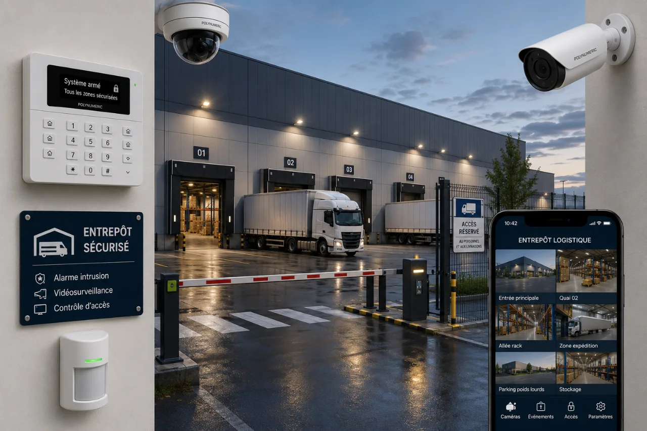 Entrepôt logistique de l'Est lyonnais sécurisé : caméras, barrière et contrôle d'accès POLYNUMERIC